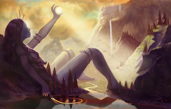 Girl, the sun, landscape, mountains, lake, river, fantasy, art