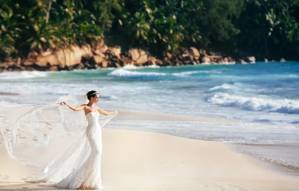 Picture sand, sea, beach, girl, shore, figure, dress, brunette