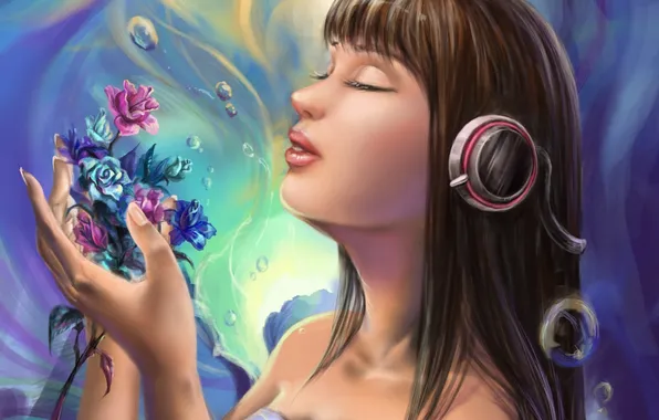 Picture girl, flowers, headphones, profile