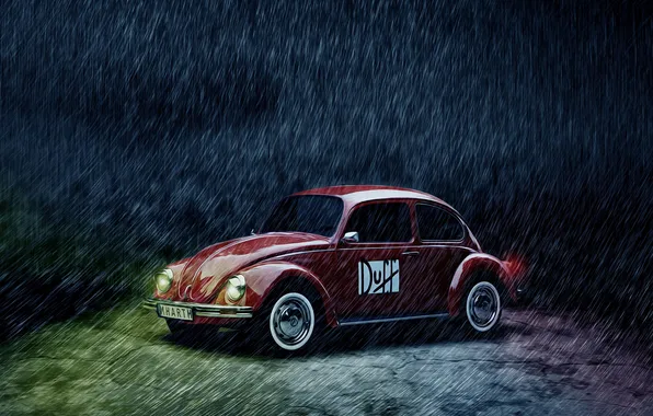 Car, rain, beetle, volkswagen, red, vintage, beetle, duff