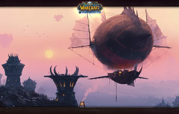 Picture the sun, sunset, fog, the airship, Wow, Horde