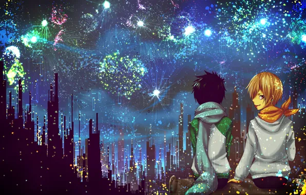 Night, the city, fireworks, Durarara, Durarara, Masaomi Kedar, Mikado Ryugamine