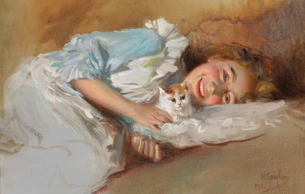 Picture Girl, Smile, Picture, Kitty, Horatio Geiger, Horazio Gaigher, Girl with a kitten, Austrian-Italian artist