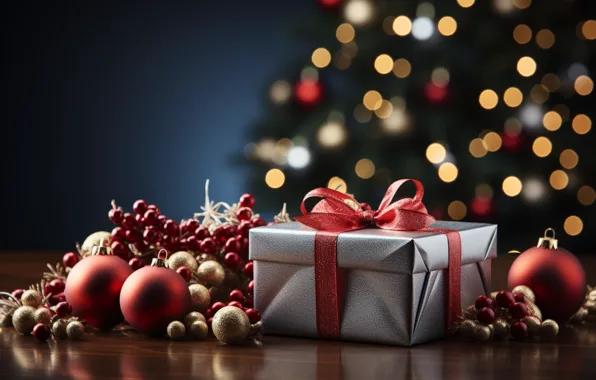 Balls, gift, Christmas, New year, bow, bow, Christmas decorations, gift box