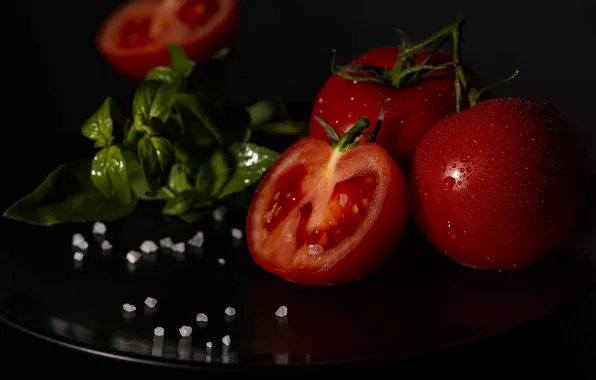 Drops, macro, the dark background, table, black background, tomatoes, tray, salt