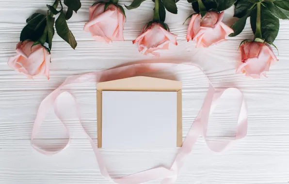 Letter, flowers, tape, Background, wooden, Roses, buds, the envelope