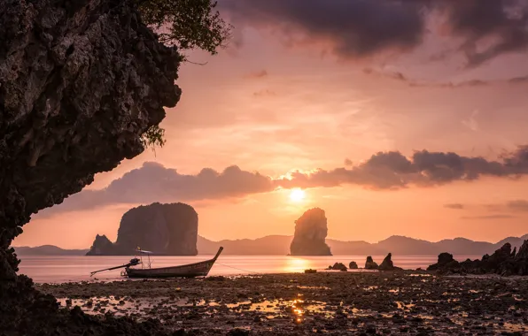 Sea, the sky, sunset, rocks, boat, Thailand, Thailand, Krabi