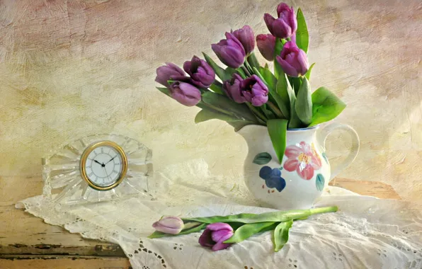 Picture table, wall, watch, purple, tulips, vase, tablecloth