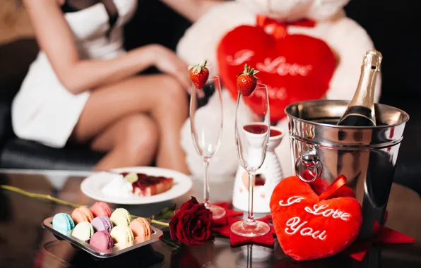 Picture girl, romance, heart, roses, strawberry, champagne, valentine's day