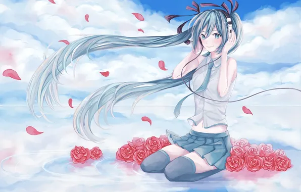 The sky, water, girl, clouds, flowers, smile, reflection, roses