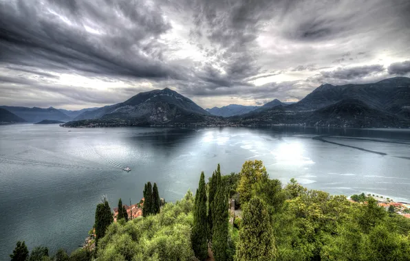 Clouds, mountains, lake, HDR, Italy, The castle of Vezio