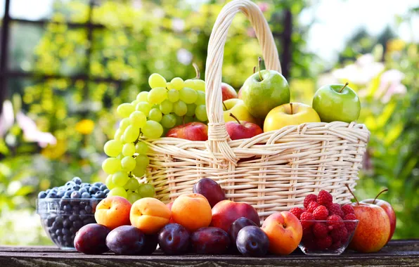 Picture berries, raspberry, basket, apples, grapes, fruit, plum, apricots