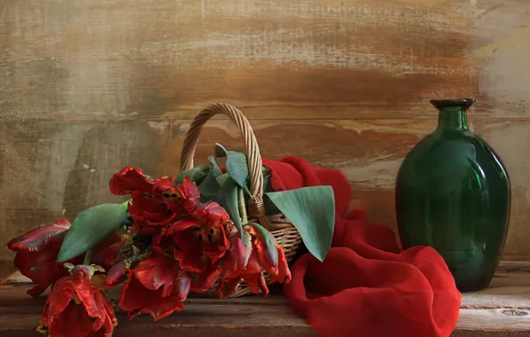 Picture basket, spring, tulips, still life, bottle