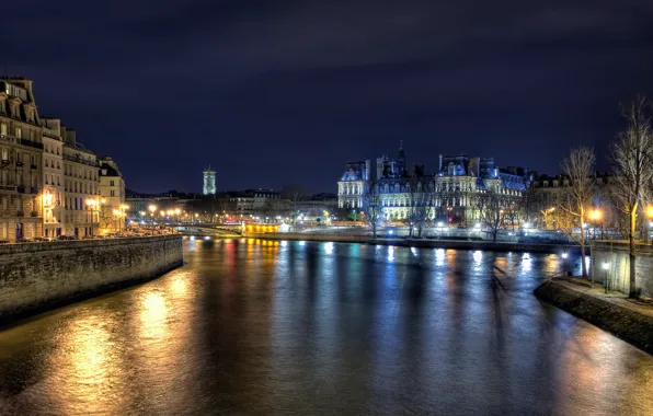 Night, lights, river, Paris, france, City hall
