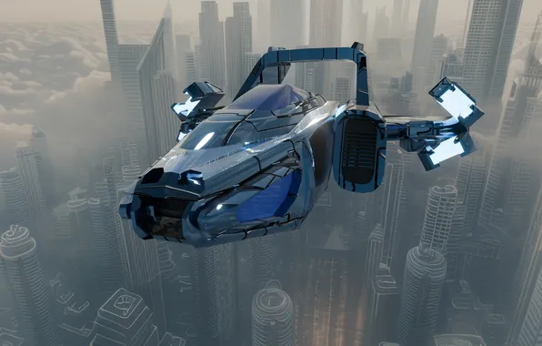 Flight, the city, fiction, UFO, skyscrapers, aircraft, the alien ship, AI art
