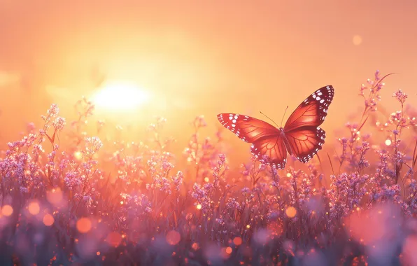 Field, summer, the sun, rays, light, flowers, glare, lights