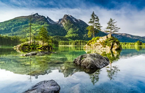 The sun, landscape, nature, lake, sunrise, Alps, Hintersee, Shaiith