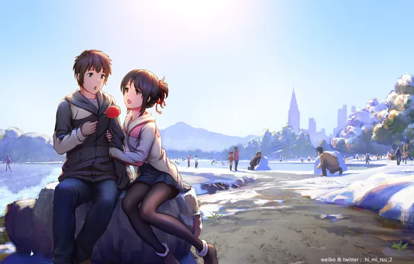 Winter, girl, people, anime, art, guy, two, Still