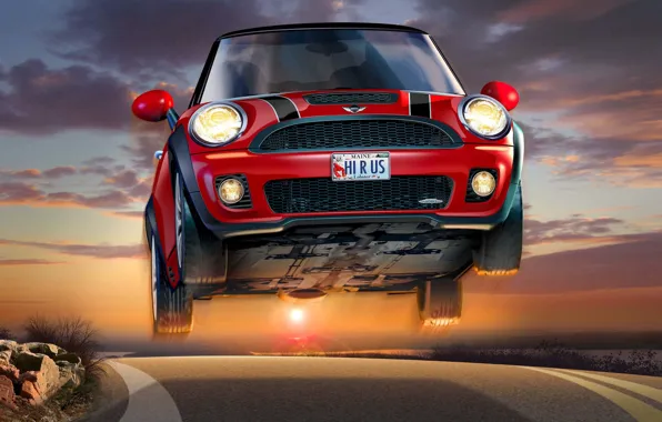 Sunset, The sky, Red, Road, Figure, Lights, Mini Cooper, MINI