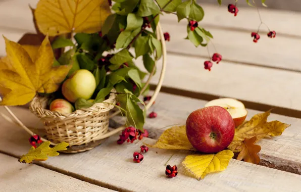 Picture autumn, leaves, apples, bouquet, still life, basket, bokeh, autumn leaves