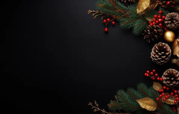 Leaves, balls, branches, berries, the dark background, fruit, Christmas, New year