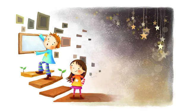 Picture sprouts, smile, figure, stars, boy, frame, ladder, girl