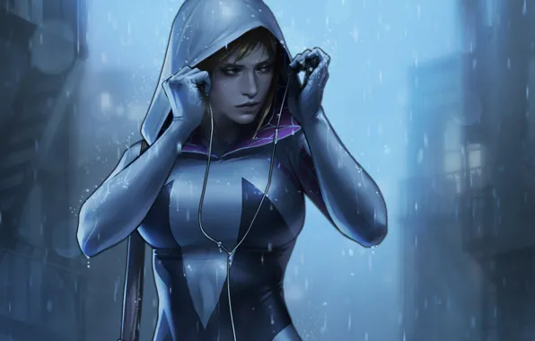 Picture look, girl, headphones, art, costume, hood, bag, Marvel Comics