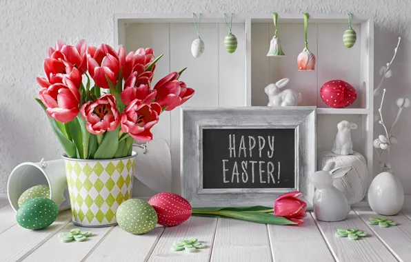 Flowers, eggs, spring, colorful, Easter, tulips, happy, pink