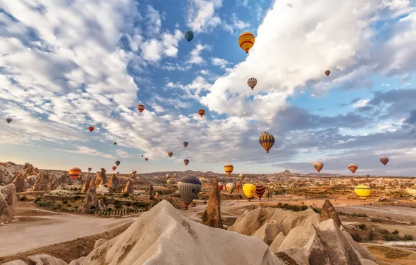 The sky, clouds, mountains, balloon, rocks, Turkey, Cappadocia