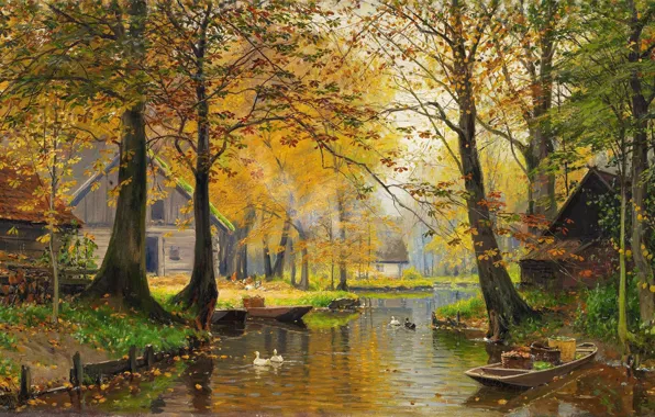 Walter Moras, German painter, German landscape painter, Walter Moras, oil on canvas, Spreewald fall, Spreewald …