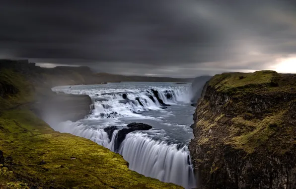 Clouds, stones, rocks, shore, waterfall, stream, waterfalls, gloomy sky