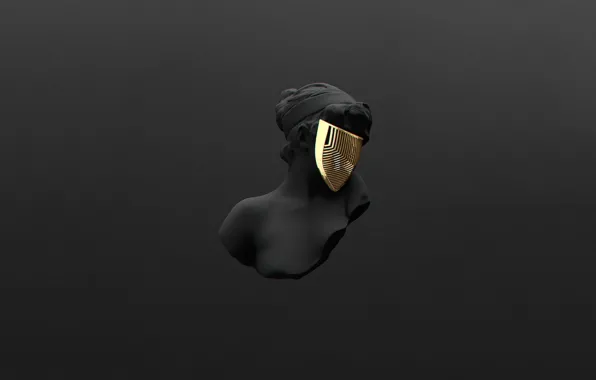 Picture the dark background, gold, black, mask, gold, black, mask, dark background