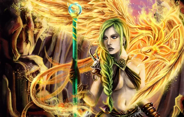 Girl, fire, bird, magic, fantasy, art, staff, Phoenix
