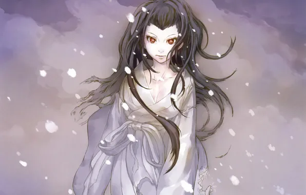 Winter, eyes, girl, snow, face, anime, art, Okazaki Takeshi