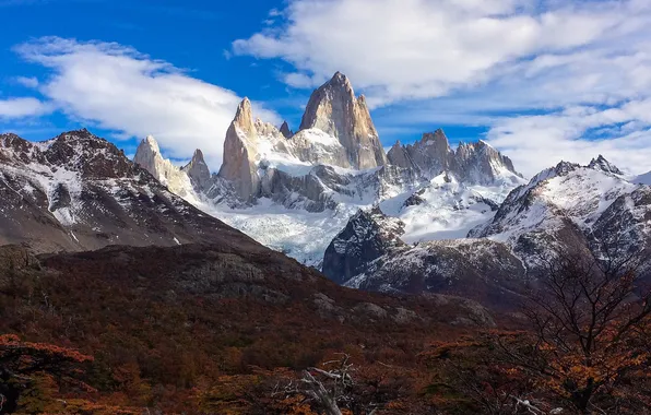 Autumn, the sky, clouds, snow, trees, mountains