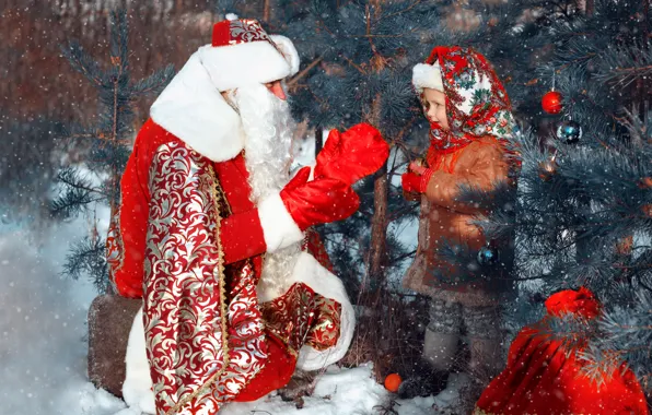 Winter, forest, balls, snow, red, pose, tale, Christmas