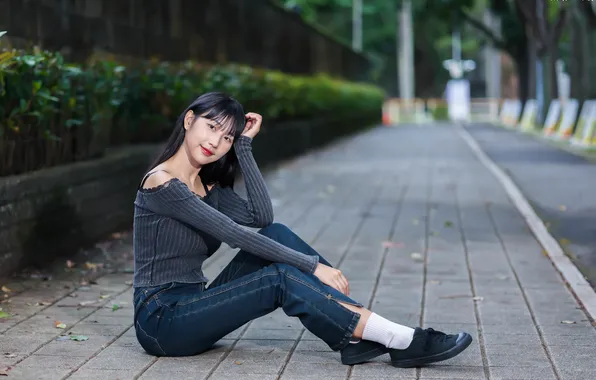 Girl, jeans, brunette, Asian, sweater
