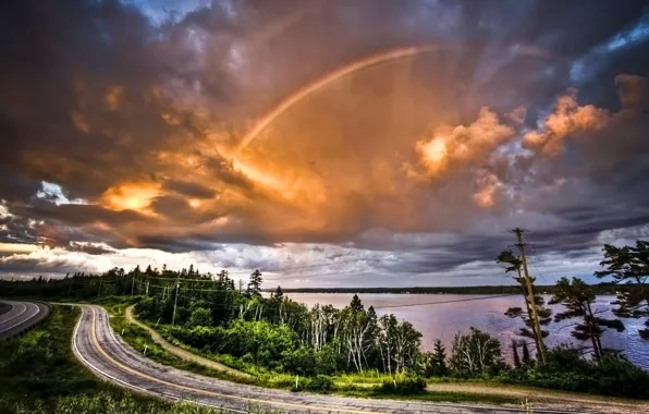 Clouds, trees, rainbow, Road