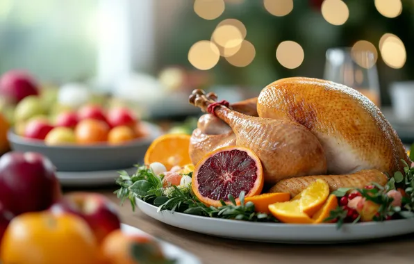 Greens, table, food, oranges, chicken, meat, fruit, vegetables