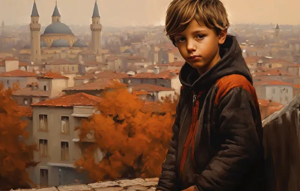Autumn, look, trees, the city, building, height, dal, boy