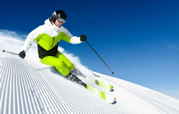 Winter, the sky, the sun, snow, the descent, ski, stick, mountain
