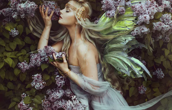 Leaves, girl, flowers, pose, style, elf, tenderness, wings
