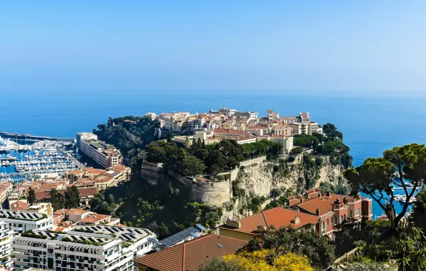 Sea, the city, rocks, coast, home, horizon, the view from the top, Monaco