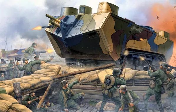 Figure, art, the first world war, Saint-Chamond, Saint-Chamond, French tank