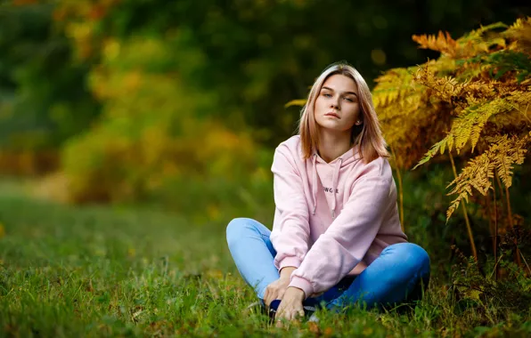 Grass, girl, nature, pose, blonde, Sergey Sergeev