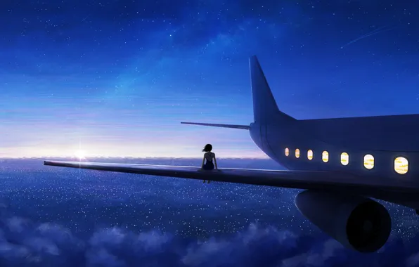 The sun, Girl, The plane, Flight, Morning, Dawn, Art, Sitting