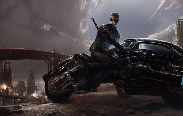 Picture clouds, the city, sword, art, glasses, motorcycle, male, joshuathejames