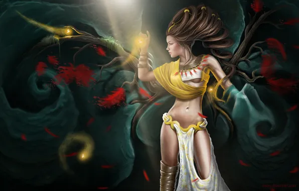 Girl, light, face, fireflies, hands, hairstyle, profile