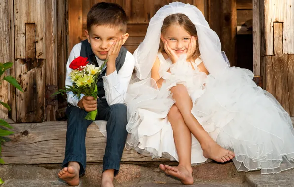 Children, smile, bouquet, boy, girl, two, the bride, the groom