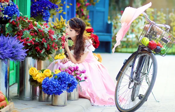 Girl, flowers, bike, street